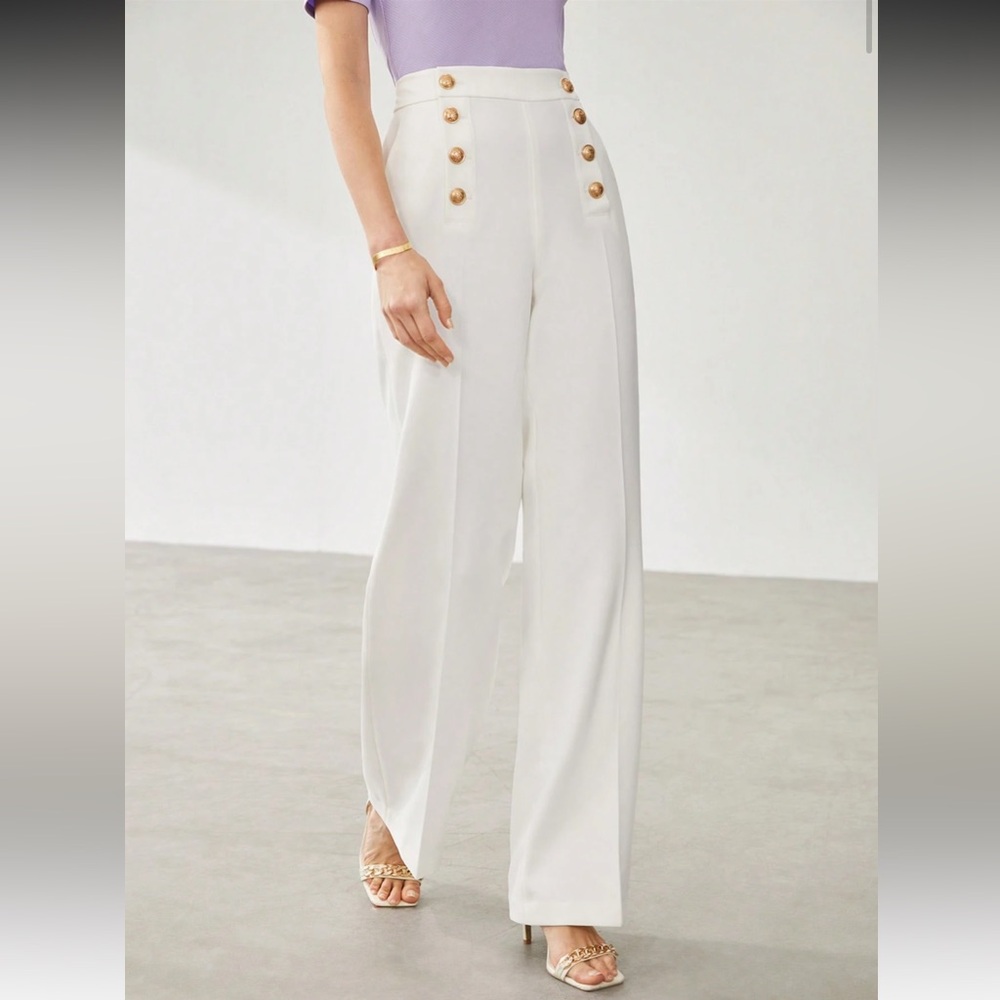 High Waist White Wide Leg Sailor Dress Pants Brass Buttons XS - Picture 14 of 16